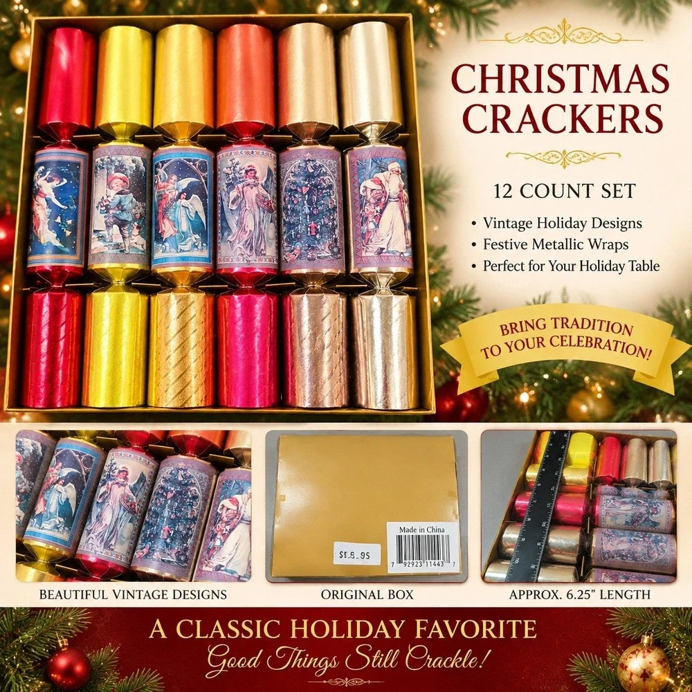 Vintage Style Christmas Crackers 12 Count Metallic Holiday Party Favors Set